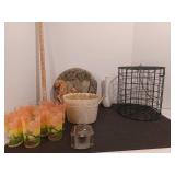 Squirrel steppingstone, planter, hanging basket, thermometer and floral glassware