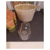 Squirrel steppingstone, planter, hanging basket, thermometer and floral glassware