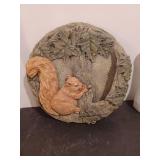 Squirrel steppingstone, planter, hanging basket, thermometer and floral glassware