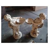 Large blue planter, cat stone and cherub bird baths