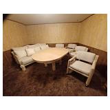 **RESERVE** MCM furniture (Sandstone Apricot) cushions in great condition, table has wear and tear (SEE PICTURES) 6 chairs all in good condition wheels function properly