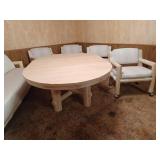 **RESERVE** MCM furniture (Sandstone Apricot) cushions in great condition, table has wear and tear (SEE PICTURES) 6 chairs all in good condition wheels function properly