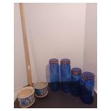 4 Cobalt canisters and 2 flowerpots