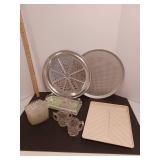 Pizza bakers, glass ashtrays, cream and sugar set, bacon cooker and dicer