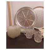 Pizza bakers, glass ashtrays, cream and sugar set, bacon cooker and dicer