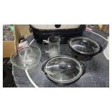(2) Small Black Crocks W/ Glass Lids and Glassware