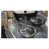 (2) Small Black Crocks W/ Glass Lids and Glassware