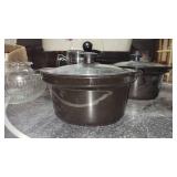 (2) Small Black Crocks W/ Glass Lids and Glassware