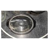 (2) Small Black Crocks W/ Glass Lids and Glassware