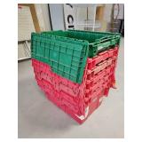 Lot of 6 Plastic Totes - Green and Red - Some of the Lids are Cracked or Damaged
