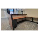 Woodem U Shaped Receptionist W/ Black Filing Cabinets