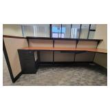 Woodem U Shaped Receptionist W/ Black Filing Cabinets