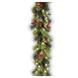 9-foot Pre-lit Spruce Garland with LED Lights, Cones, Berries, and Glitter - Green