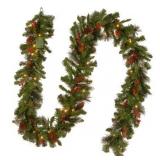 9-foot Pre-lit Spruce Garland with LED Lights, Cones, Berries, and Glitter - Green