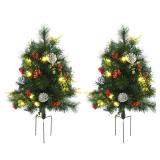 HOMCOM 2 Piece Artificial Pine Tree White Light Pre-Lit Holiday Home Christmas Cordless Decoration with Stakes, Green