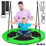 Outdoor Spinner Saucer Tree Swing - Hanging Tree Round Circular Flying Saucer w/ Rope Straps, Cushion Padded Metal Frame, Polyester Fabric Seat, for Kids & Adult - SereneLife SLSWNG100GN (Green)