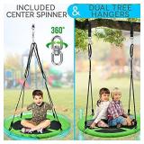 Outdoor Spinner Saucer Tree Swing - Hanging Tree Round Circular Flying Saucer w/ Rope Straps, Cushion Padded Metal Frame, Polyester Fabric Seat, for Kids & Adult - SereneLife SLSWNG100GN (Green)