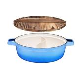 Non-Stick 2-In-1 Cast Iron Enameled Shabu Hot Pot with Wooden Lid in Blue