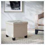 Nathan James Payton Foldable Cube Storage Ottoman Footrest and Seat with Beige Fabric