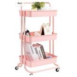 danpinera 3 Tier Rolling Utility Cart with Wheels and Handle Storage Organization Shelves for Kitchen, Bathroom, Office, Library, Coffee Bar Trolley Service Cart, Pink