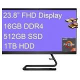 Lenovo IdeaCentre AIO 3 Flagship Desktop 23.8" FHD Display AMD Hexa-Core Ryzen 5 4500U (Beat i5-9300H) 16GB DDR4 512GB SSD 1TB HDD DVD-RW 720P Webcam WiFi Win10 + HDMI Cable