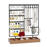 X-cosrack Earring Holder,5-Tier Ear Stud Holder with Wooden Tray,Jewelry Organizer Holder for Earrings Necklaces Bracelets Watches and Rings,Earring Display Stand with 132 Holes,Black
