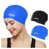 Aegend Swim Caps for Long Hair (2 Pack), Durable Silicone Swimming Caps with Spacious Space for Women Men Adults, Easy to Put On and Off, Black Blue