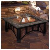 Pure Garden Wood Burning Pit, 33 in. Steel Frame, Square Marble Tile Finish