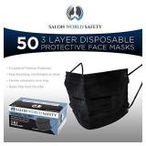 TCP Global Salon World Safety - Sealed Dispenser Box of 50 Black Face Masks Breathable Disposable 3-Ply Protective PPE with Nose Clip and Ear Loops