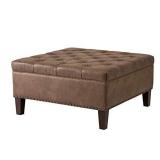 Madison Park Lindsey Cocktail Ottoman-Square Tufted, Faux Leather Coffee Table for Living-Room Modern All Foam Thick Padded, Solid Wood Legs, Large Bench Corner Seating Bedroom Lounger, Brown