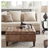 Madison Park Lindsey Cocktail Ottoman-Square Tufted, Faux Leather Coffee Table for Living-Room Modern All Foam Thick Padded, Solid Wood Legs, Large Bench Corner Seating Bedroom Lounger, Brown