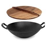 WUWEOT 14" Cast Iron Wok with Handles and Wooden Lid, Pre-Seasoned Nonstick Iron De...