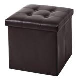 YOUDENOVA 15 inches Folding Storage Ottoman, Cube Storage Boxes Footrest Stool, Small Ottomans with Foam Padded Seat, Support 300lbs (Brown, Leather)