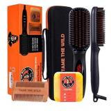 TAME THE WILD Elite Beard Straightener Brush Kit-ION Technology-Portable Anti-Scald Heated Beard Brush Straightener-Beard Soap -Pearwood Comb - Storage Case Included