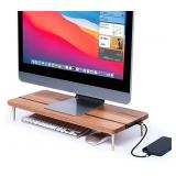 CRAFT KITTIES Monitor Stand Wood Riser with 4 USB Ports, Computer Monitor Stand with Red Oak Data Transfer Charging Hub -Compatible with Computer, Mac, PCs, Smartphone, iPhone, and Tablet