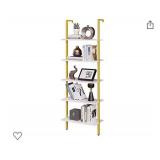 5 Tier Industrial Bookshelf for Bedroom, Open Wall Mount Bookshelf, Display Storage Rack Organizer, White and Gold Shelves