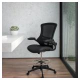 Flash Furniture Mid-Back Black Mesh Ergonomic Drafting Chair with Adjustable Foot Ring and Flip-Up Arms- Retail $148.49
