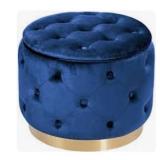 Christopher Knight Home Sabina Round Tufted Velvet Ottoman, Blue/Gold Bottom Trim- Retail $125