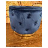 Christopher Knight Home Sabina Round Tufted Velvet Ottoman, Blue/Gold Bottom Trim- Retail $125