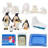 AINOLWAY Polar Animal Sensory Bin Kit, Include 20000 pcs Ocean Sea Water Beads-Emperor Penguin Family Figures and Polar Bear Figurines-Frozen Island-Inflatable Container