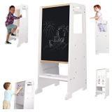 Adjustable Kitchen Stool Helper for Toddlers with Black and White Activity Board,Wooden Toddler Learning Standing Stool Tower for Kitchen Counter- Retsil $99