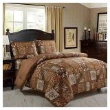 3 Piece Animal Print Comforter with Pillow Sham, Chocolate Brown Leopard Zebra Giraffe Jungle Forest Theme Design King Size Bedding- Safari (Brown, King)