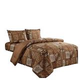 3 Piece Animal Print Comforter with Pillow Sham, Chocolate Brown Leopard Zebra Giraffe Jungle Forest Theme Design King Size Bedding- Safari (Brown, King)