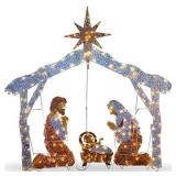National Tree Company lit Artificial Christmas DÃ©cor Includes Pre-Strung Mini White Lights and Ground Stakes Crystal Holy Family Nativity-6 ft, 72-Inch, Multicolor