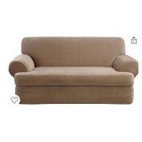 SureFit Stretch Pinstripe T-Cushion Sofa Loveseat Slipcover, Form Fit, Polyester/Spandex, Machine Washable, Two Piece, Taupe Color
