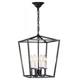 Lantern Pendant Light Industrial Vintage Lantern Iron Cage Hanging with 4 E12 Bulbs Lantern Chandelier for Traditional Dining Room Bar Cafe, Matte Black
