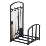 HomCom Firewood Log Rack Storage Holder Stand with Tool Kit Iron Indoor Outdoor - Black