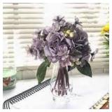 Enova Home Artificial Purple Fake Silk Roses and Mixed Flowers Arrangement in Clear Glass Vase with Faux Water for Home Decor