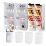 8Pcs Desk Organizer- Pen Organizer Storage for Office, School, Home Supplies, Translucent White Pen Storage Holder, Set of 4, 4 Cups 20Compartments (White)