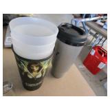 Lot - miscellaneous cups, shot glasses and large plastic drinking glasses